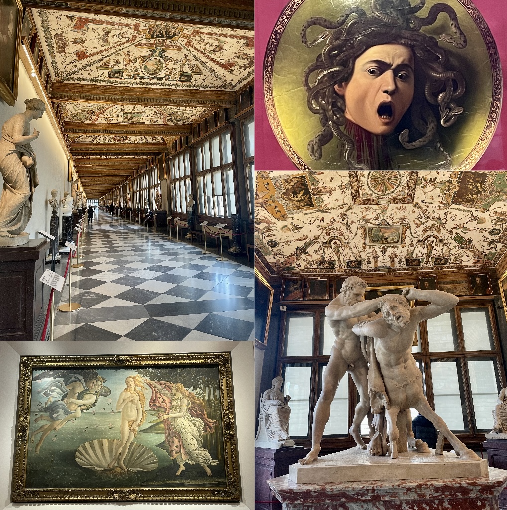 Galerie des offices : Méduse (Le Caravage), La Naissance de Vénus (Botticelli), Hercules et Nessus (restaurée par Giovanni Caccini)